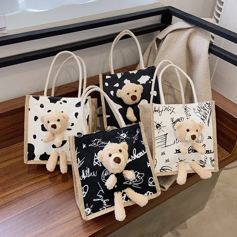 Women Cute Bear Decoration Graphic Pattern Large Capacity Linen Canvas Tote Bag