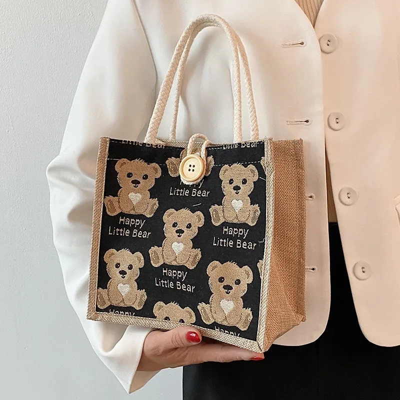 Women Cute Bear Pattern Button Design Linen Handle Tote Bag