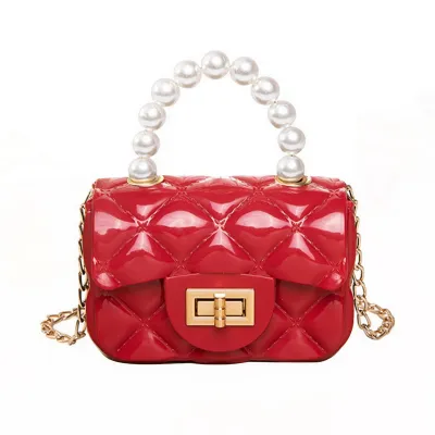 Women Elegant Mini Flap Buckle Design Pearl Decoration Solid Color PVC Crossbody Bag