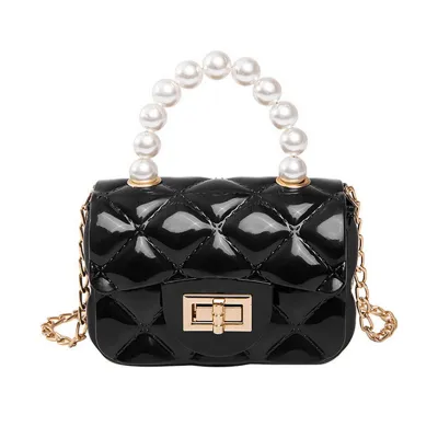 Women Elegant Mini Flap Buckle Design Pearl Decoration Solid Color PVC Crossbody Bag