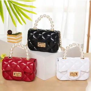 Women Elegant Mini Flap Buckle Design Pearl Decoration Solid Color PVC Crossbody Bag