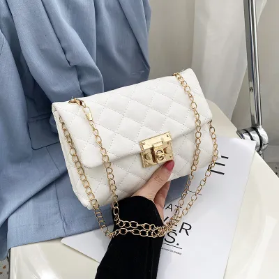 Women Basic Flap Buckle Design Rhombus Stitching Solid Color PU Crossbody Bag