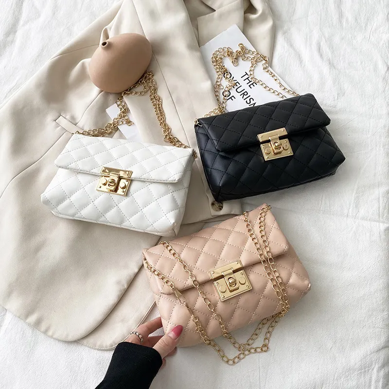 Women Basic Flap Buckle Design Rhombus Stitching Solid Color PU Crossbody Bag