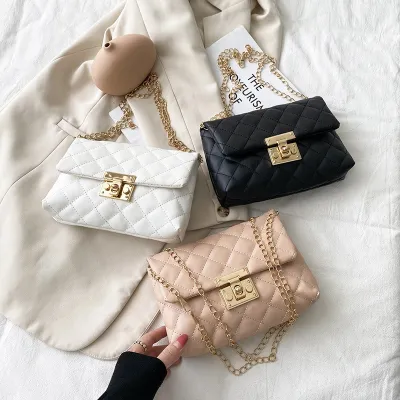 Women Basic Flap Buckle Design Rhombus Stitching Solid Color PU Crossbody Bag