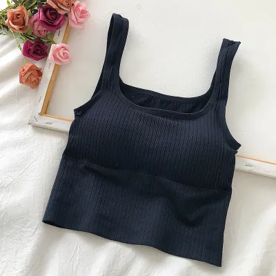 Women Basic Sleeveless Rib Knit Striped Crop Top With Chest Pad