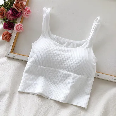 Women Basic Sleeveless Rib Knit Striped Crop Top With Chest Pad