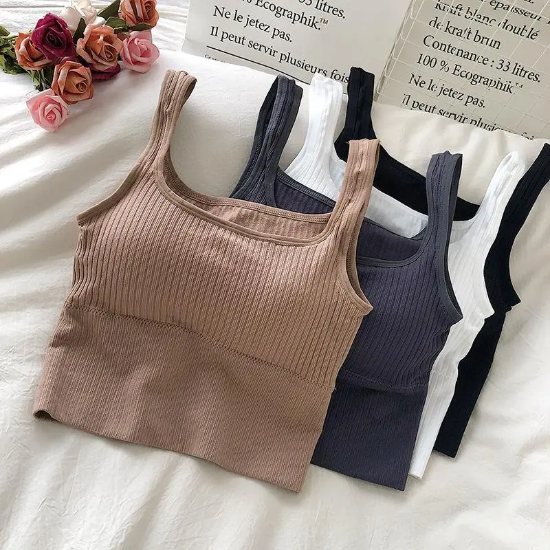 Women Basic Sleeveless Rib Knit Striped Crop Top With Chest Pad