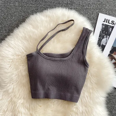 Women Basic Solid Color Oblique Shoulder Sleeveless Crop Camisole With Chest Pad