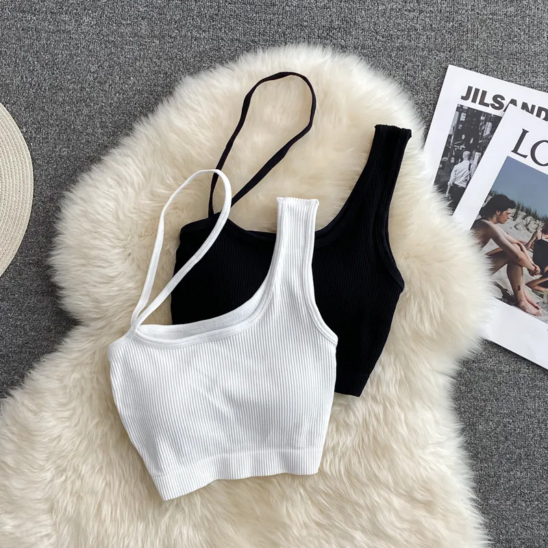 Women Basic Solid Color Oblique Shoulder Sleeveless Crop Camisole With Chest Pad