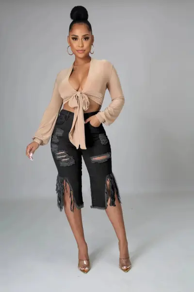 Women Sexy Edgy Ripped Raw Hem Tassel Fashion Flared Jeans