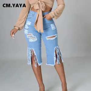 Women Sexy Edgy Ripped Raw Hem Tassel Fashion Flared Jeans