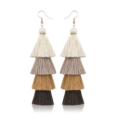 Women Bohemian Color Block Long Alloy Tassel Drop Earrings