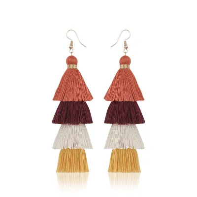 Women Bohemian Color Block Long Alloy Tassel Drop Earrings