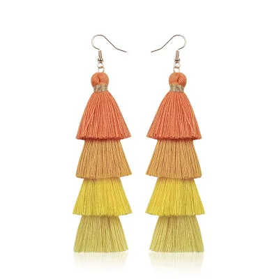 Women Bohemian Color Block Long Alloy Tassel Drop Earrings