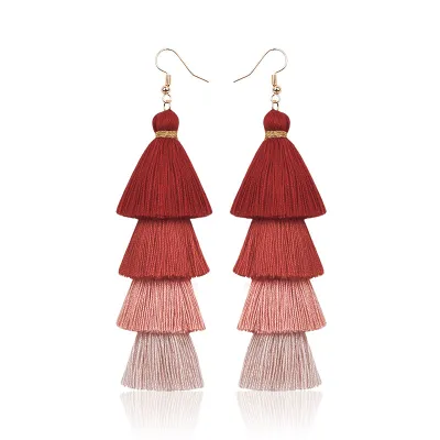 Women Bohemian Color Block Long Alloy Tassel Drop Earrings