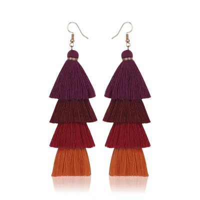 Women Bohemian Color Block Long Alloy Tassel Drop Earrings