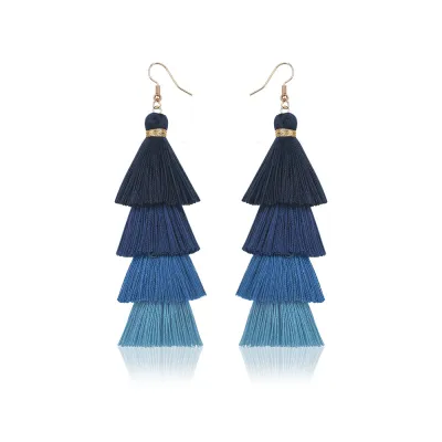 Women Bohemian Color Block Long Alloy Tassel Drop Earrings
