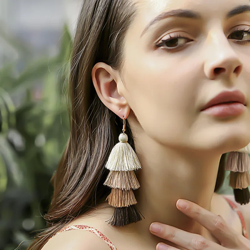 Women Bohemian Color Block Long Alloy Tassel Drop Earrings