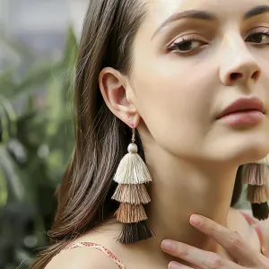 Women Bohemian Color Block Long Alloy Tassel Drop Earrings