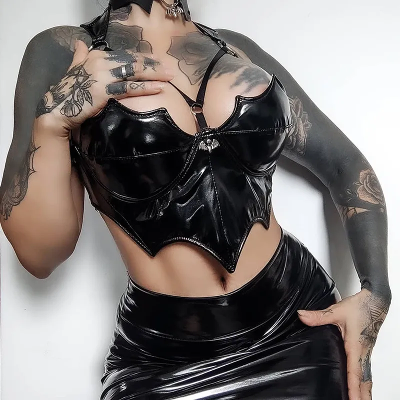 Women Gothic PU Leather Punk Halter Crop Tank Top
