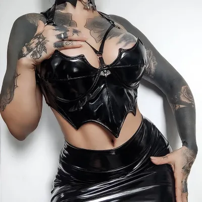 Women Gothic PU Leather Punk Halter Crop Tank Top