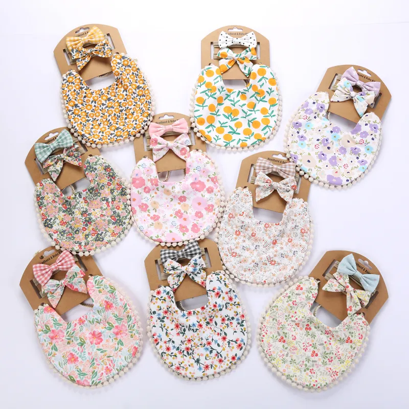 Baby Basic Floral Tassels Bib And Headband Accessories Set