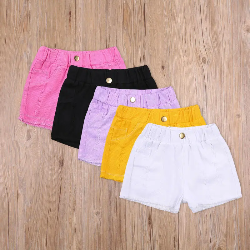 Girls Basic Solid High Elastic Waist Ripped Denim Shorts for Summer Casual