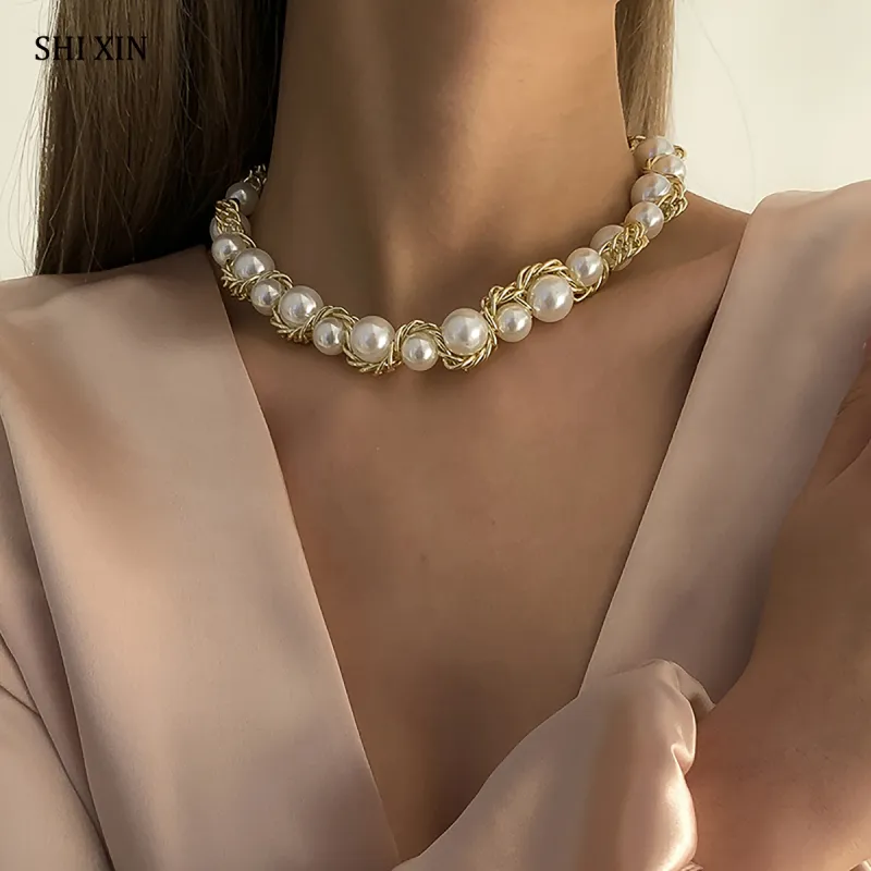 Women Fashion Elegant Imitation Pearl Twisted Choker Necklace For Wedding