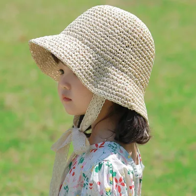 Sombrero para el sol de playa con encaje de paja de color sólido simple para niñas