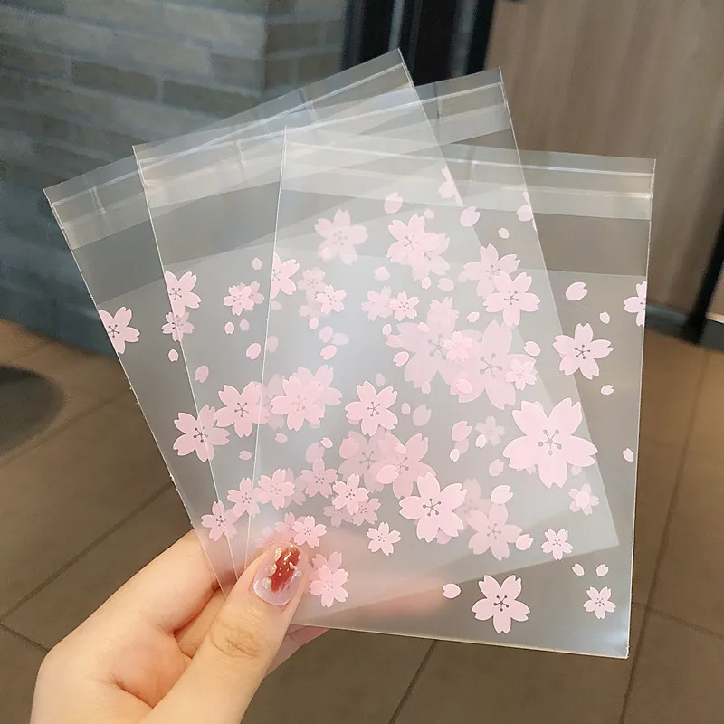 100pcs/pack Cherry Blossom Frosted Packaging Bags Exquisite Small Ornaments Dessert Baking Package