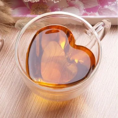 Creative Double Layer Heart Shaped Borosilicate Glass Insulated Water Cup with Handle