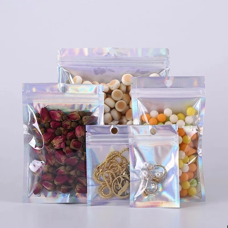 Bulk Holographic Laser Zip Lock Bags for Food Necklace Jewelry Storage Custom Home Storage