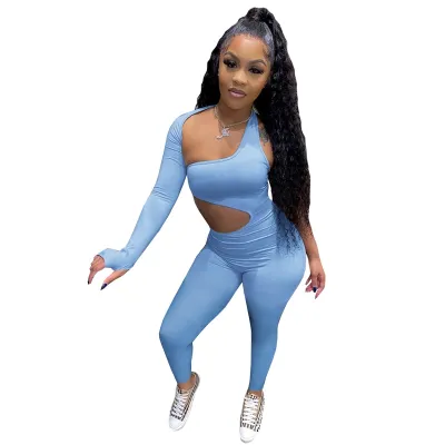 Women Sexy Cut Out Long Sleeves Solid Color One Shoulder Bodycon Jumpsuits