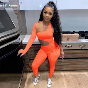 Women Sexy Cut Out Long Sleeves Solid Color One Shoulder Bodycon Jumpsuits