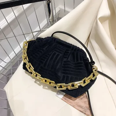 Women Casual Thick Chain Crease Solid Color Soft Fabric Crossbody Clutch Bag