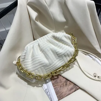 Women Casual Thick Chain Crease Solid Color Soft Fabric Crossbody Clutch Bag