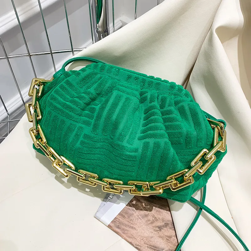 Women Casual Thick Chain Crease Solid Color Soft Fabric Crossbody Clutch Bag