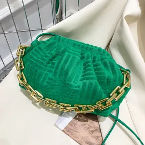 Women Casual Thick Chain Crease Solid Color Soft Fabric Crossbody Clutch Bag