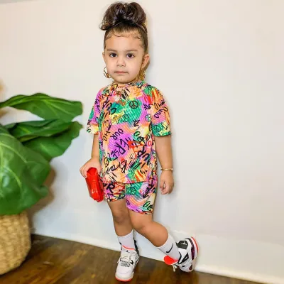 Kids Girls Casual Round Neck Short Sleeve Letter Colorful All Over Print Loose T-shirt And Elastic Shorts Set