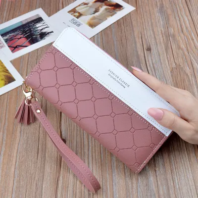 Women Casual Tassel Pendant Zipper Color Block PU Long Purse Wallet