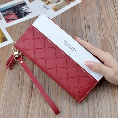 Women Casual Tassel Pendant Zipper Color Block PU Long Purse Wallet