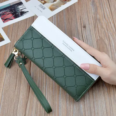 Women Casual Tassel Pendant Zipper Color Block PU Long Purse Wallet