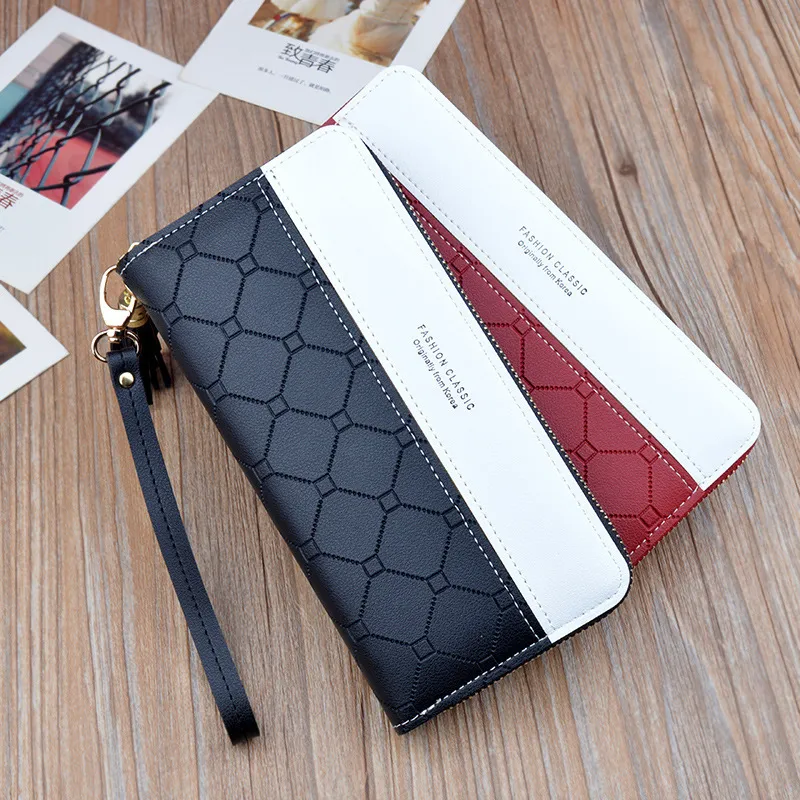 Women Casual Tassel Pendant Zipper Color Block PU Long Purse Wallet