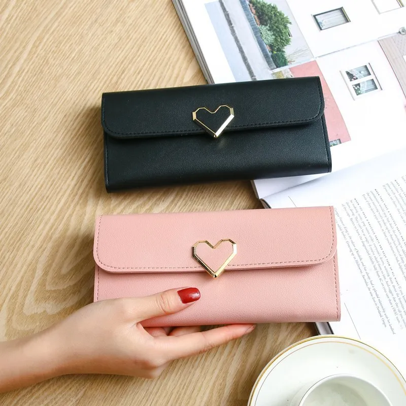 Women Heart Decoration Flap Design Solid Color PU Long Wallet Purse