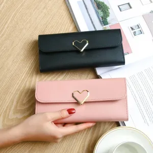 Women Heart Decoration Flap Design Solid Color PU Long Wallet Purse