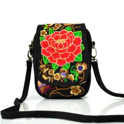 Women Bohemian Ethnic Floral Embroidered Canvas Crossbody Bag