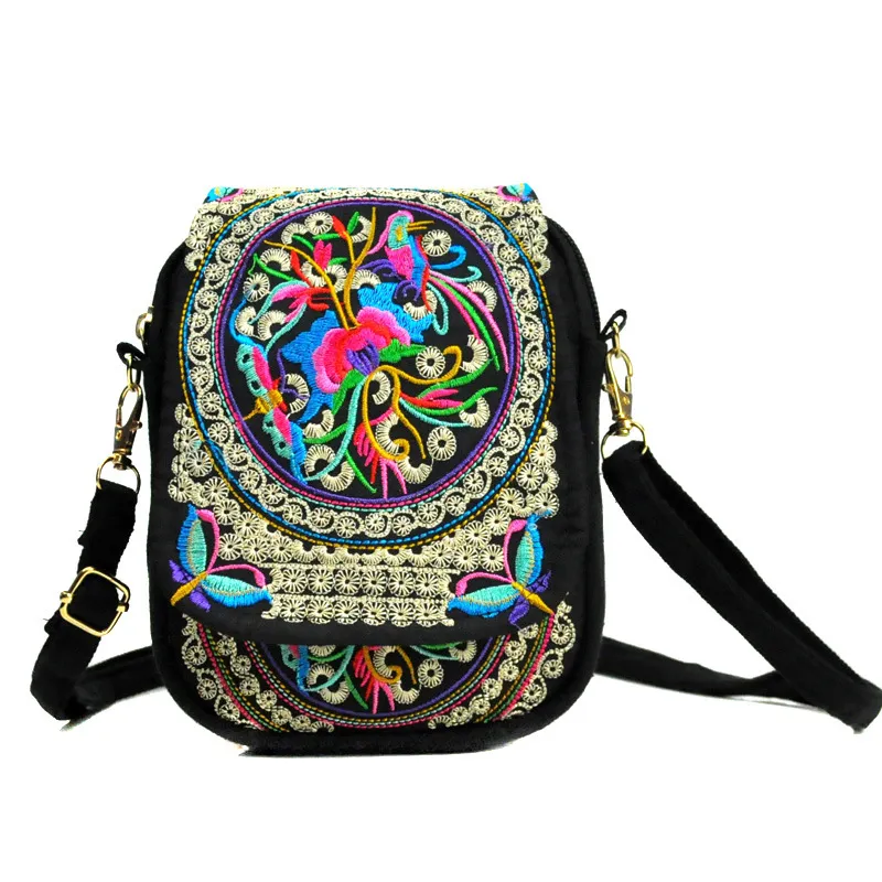 Women Bohemian Ethnic Floral Embroidered Canvas Crossbody Bag
