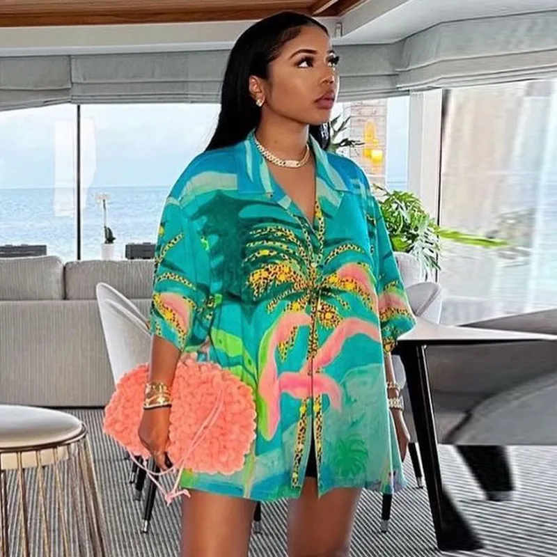 Women Edgy Vacation Summer Oversized Short Sleeves Single-breasted Loose Casual Blouse