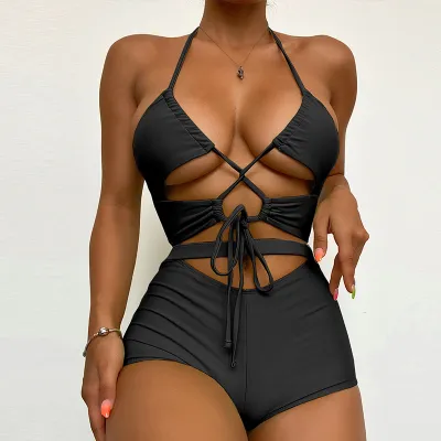 Women Solid Color Sexy Edgy Cut Out Halter Neck Backless Bandage High Waist Bikini Set