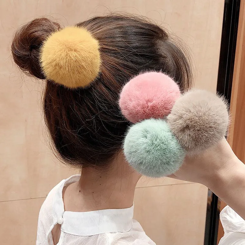 Women Cute Solid Color Pompom Decoration Elastic Hair Bands